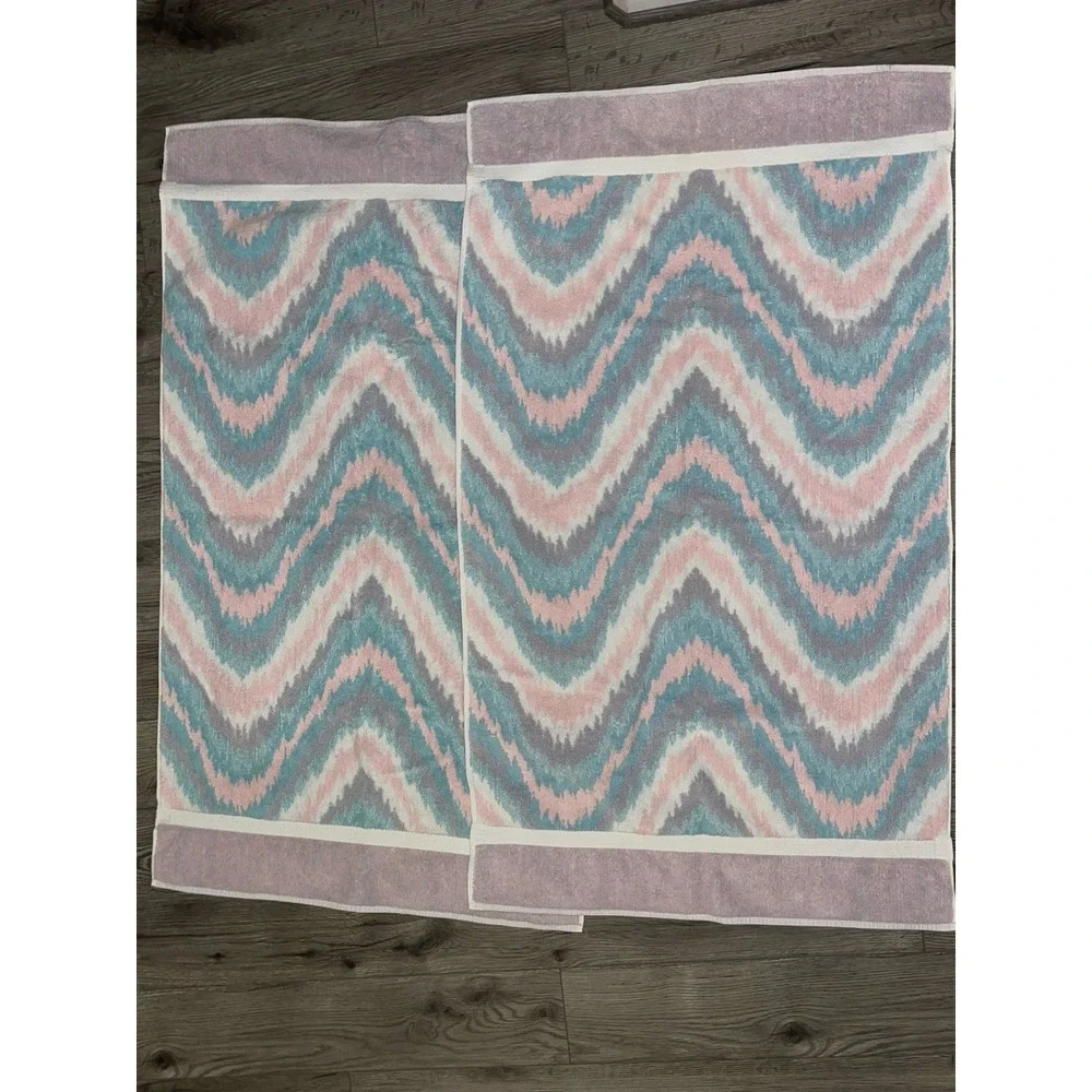 Vintage Towel‎ Set Of 6 Abstract Chevron Print Pink Blue & White